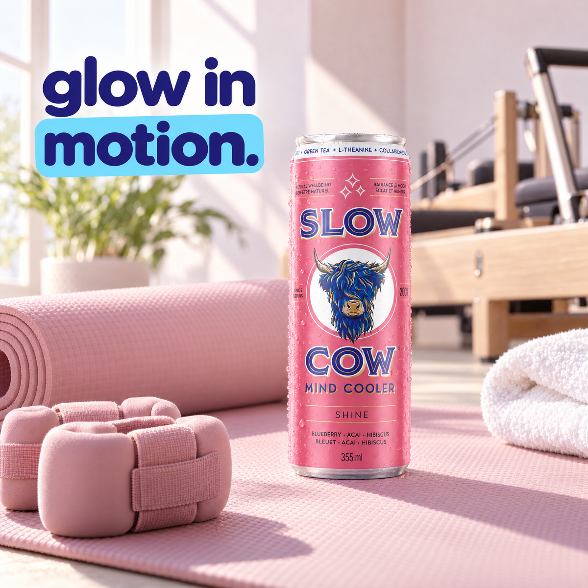 Slow Cow Shine can on a pilates mat — glow in motion