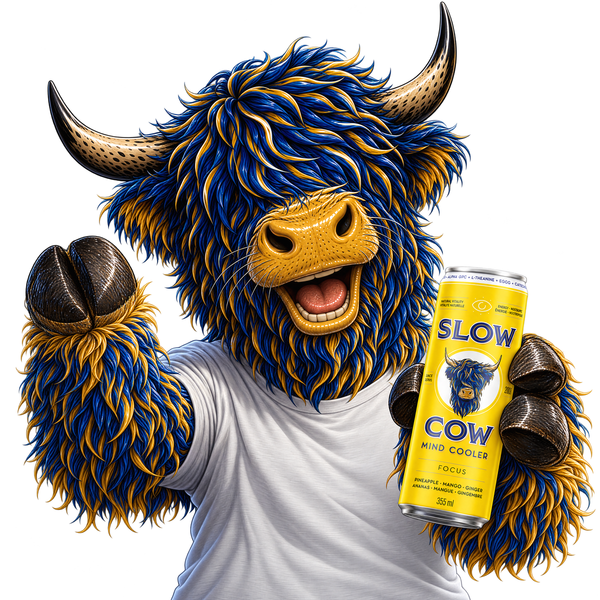 Slow Cow mascot with a Focus can